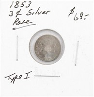 1853 3 Cent Silver Piece Type I