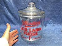 Vtg Minter's Log Cabin Fudge glass jar