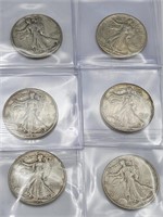 (6) 1940s Walking Liberty 90% Silver Half Dollars