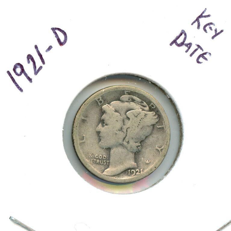 1921-D Mercury Silver Dime - Key Date!
