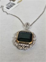 18K Two Tone Gold Emerald Beryl & Diamond Pendant