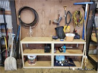 Hand tools, cables, wood shop shelves,  air