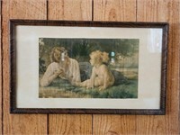 Antique Grain Painted Frame of Mother & Daughter