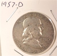 1957 D Benjamin Franklin Silver Half Dollar