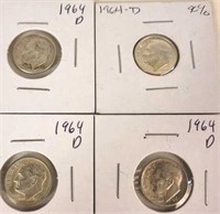 4 - 1964 D Roosevelt Silver Dimes