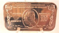 $100 Banknote 1 oz. Copper Bar