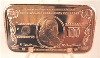 $100 Banknote 1 oz. Copper Bar