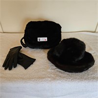 Fur hat, handwarmer and gloves