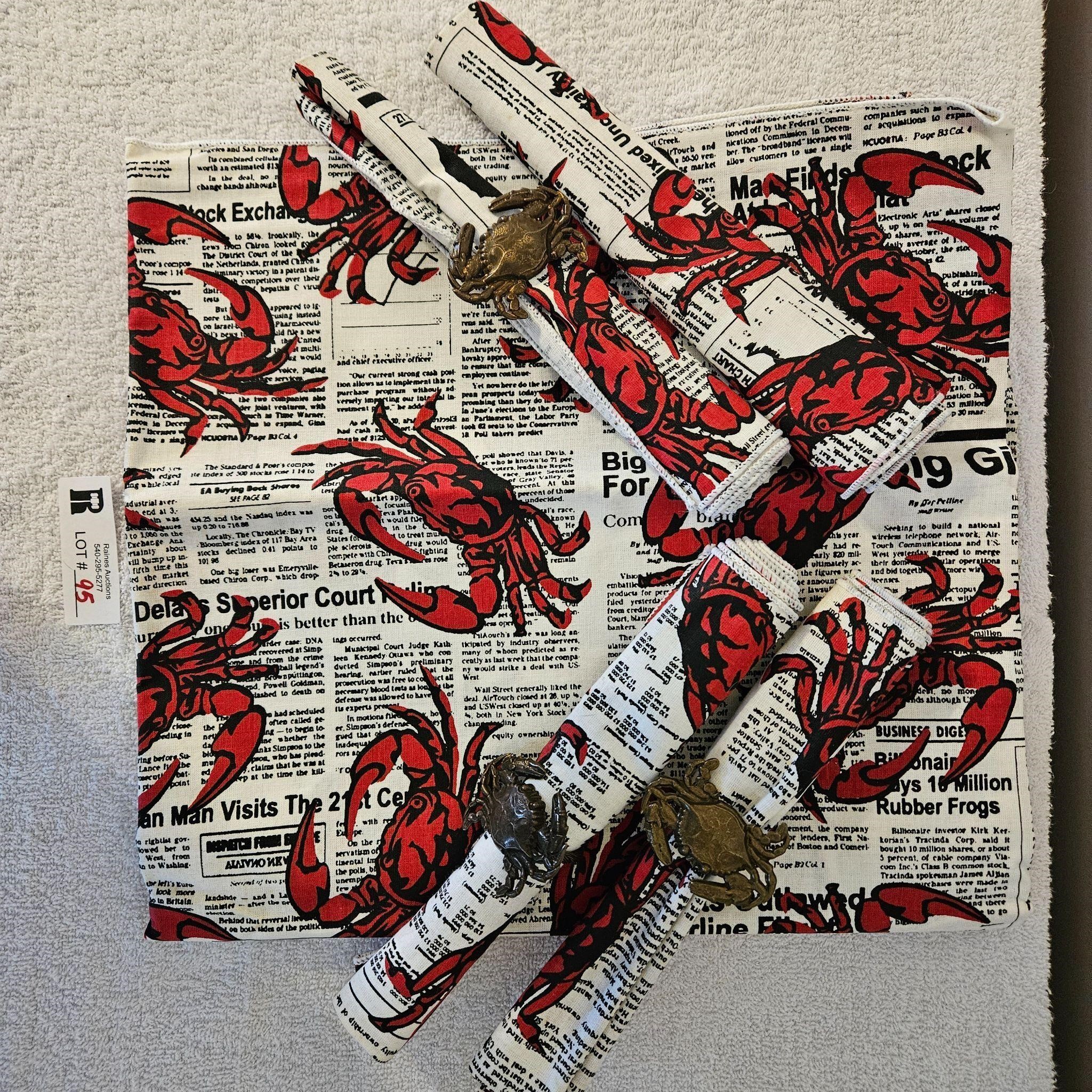 Crab Tablecloth with 4 napkins & 3 napkin rings