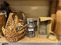 wicker baskets, candle lantern, vintage toaster