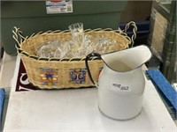 Wicker basket, glasses, vintage pitcher