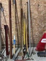 large lot garden tools, rakes, hoes, etc