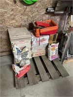 boxes assorted tiles, grout cement, paint trays