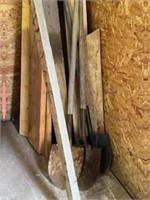 3 shovels, spade, assorted lumber