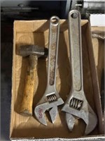 2 large adjustable wrenches, pair hammers