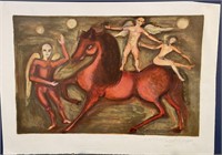 Lithograph Red Horse With Angels