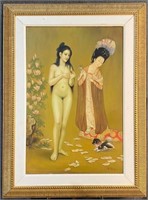 Original Oil On Canvas , Oriental Women In Garden