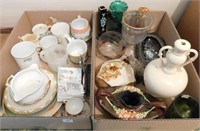 Assorted Glassware, cups, China, décor 2 boxes