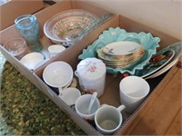 Assorted Glassware, cups, China, décor 2 boxes