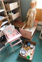 Doll, Beds, Chair, Dishes (1 box +4)