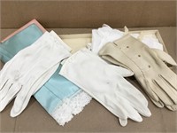 3 Vintage Gloves & 2 Satin Lace Handkerchief