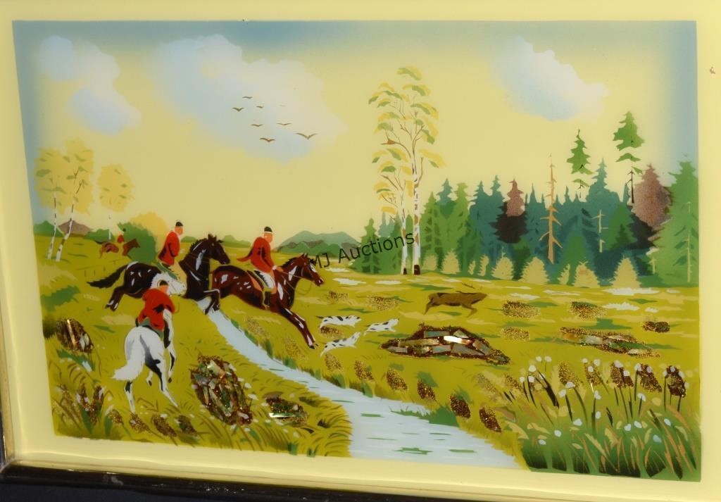 Large Reverse Painting On Glass Hunt Horses MOP