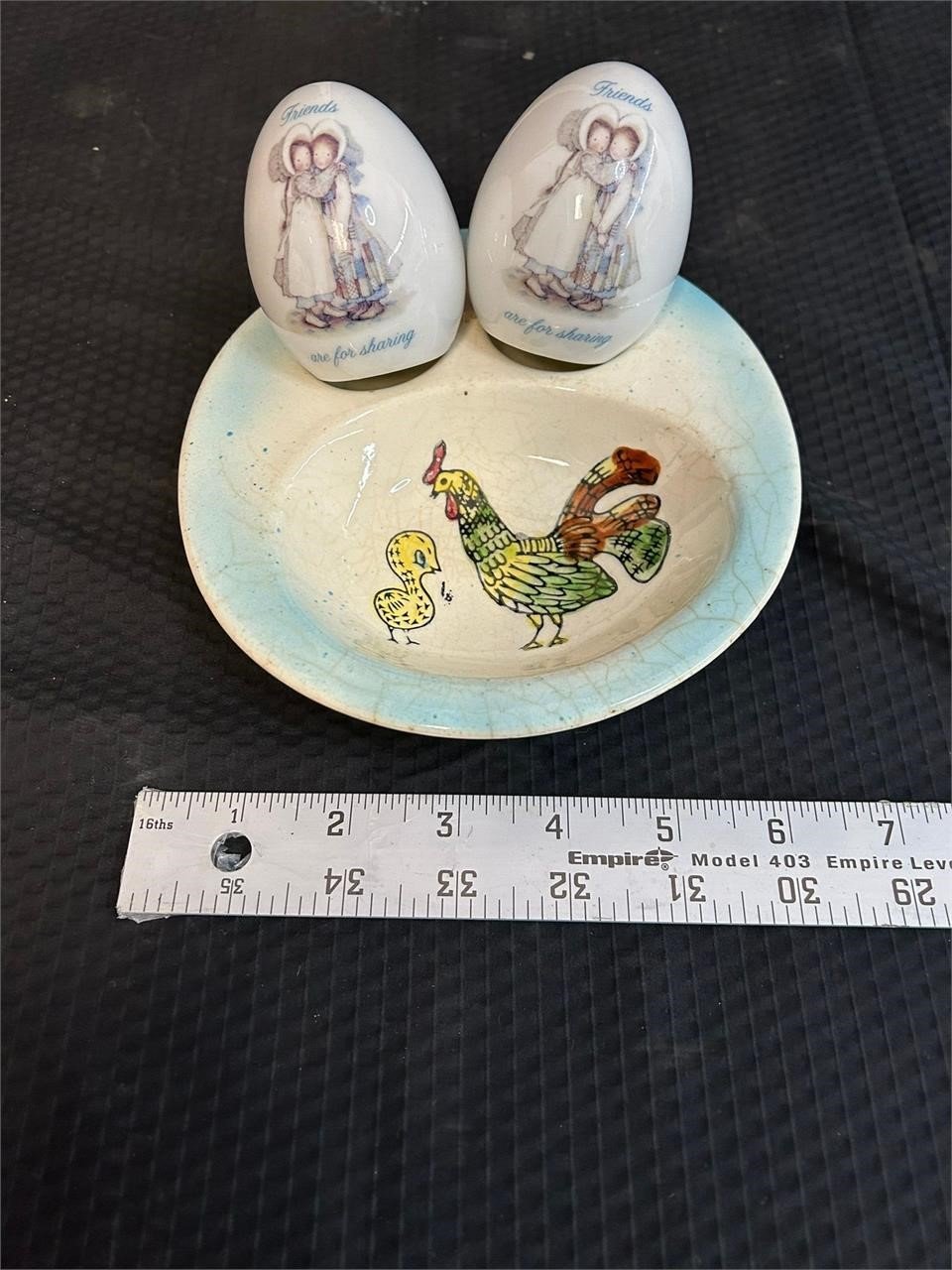2 Hollie Hobbie Eggs & one porcelain rooster tray