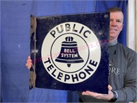 Ant. "Bell Public Telephone" DS porc. flange sign