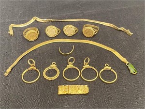 4 Gold Coin Rings & 2 Herringbone Bracelets etc