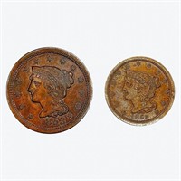 1851, 1853 Braided Hair Cent, Half Cent [2 coins]