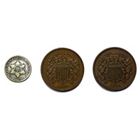 1852-1964 US 2 Cent and 3 Cent Pieces [3 Coins]