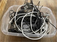 Plastic Tub of USB Cords Electronic Power Cords