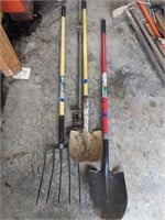 (2) Shovels, Pitch Fork, Furniture Clamp