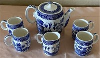 D - ASIAN BLUE & WHITE WARE TEAPOT, PITCHER & CUPS
