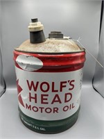 5 gal Wolfs Head Motor Oil can with good graphics