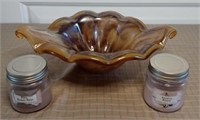 Beautiful Amber Solid Glass Bowl & 2 Candles