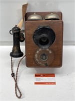 Original Early Timber Wall Mounted Telephone With