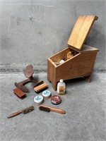 Wooden Shoe Shine Box With Contents & Shoe Last