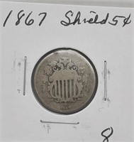 1867 Sheild 5 Cent Coin No Rays