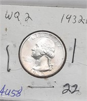 1932 Washington 25 Cent Coin AU58. Nice