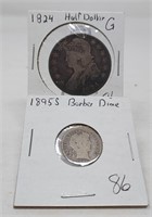 1895-S Dime G; 1824 Half Dollar G