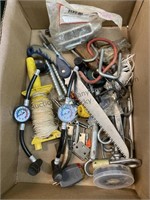 Miscellaneous box lot small handsaw, spool of