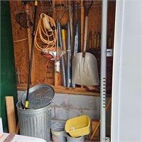 Shovels, broom, fencing, trash can & metal buckets