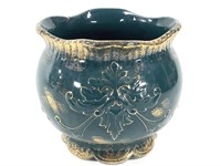 Green Teal & Gold Glazed Pottery Jardiniere 7.5" H