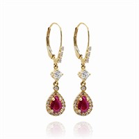 14k Gold Natural Ruby Diamond Dangle Drop Earrings