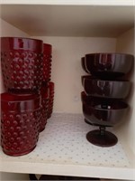11 PCS RUBY RED HOBNAIL AND STEMWARE