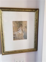 PRINT OF WOMAN SEWING NEAR HARP IN GOLD FRAME