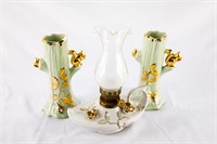 Alladin Style Oil Lamp and (2) Glass Vases with