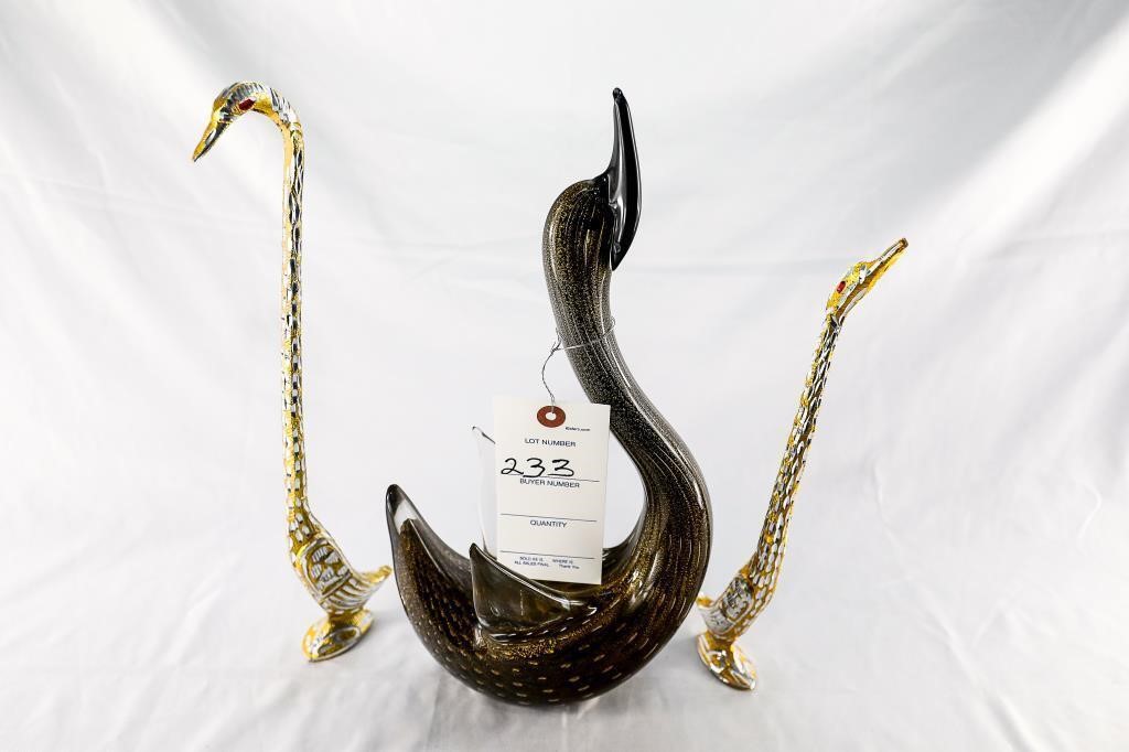 Hand Blown Gold Tone Glass Swan and (2) Metal