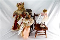 (4) Collectible Dolls and (2) Wooden Doll Chairs